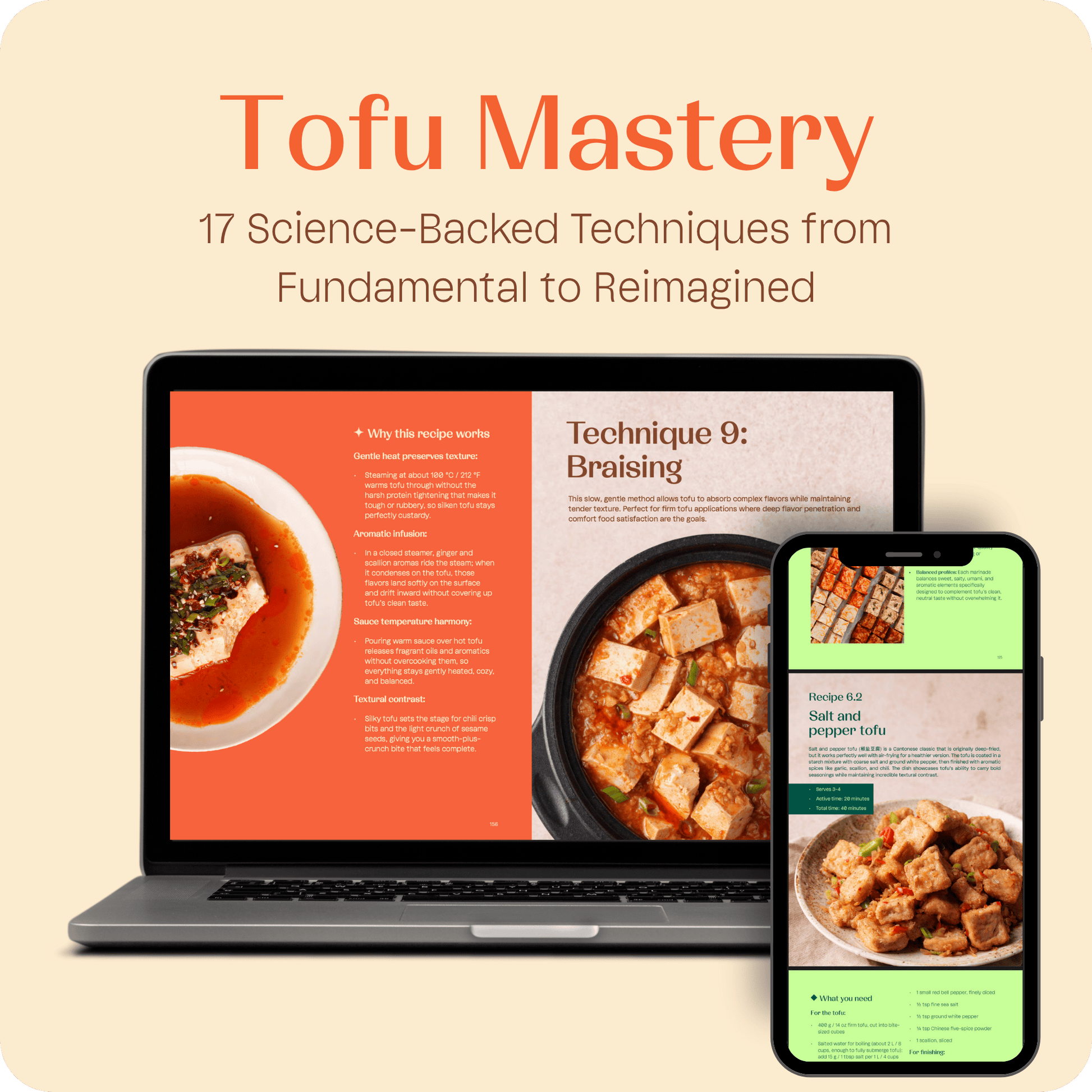 Laptop and smartphone displaying tofu recipes with 'Tofu Mastery' text on a beige background. Technique braising, explanation why this recipe works and tofu recipe