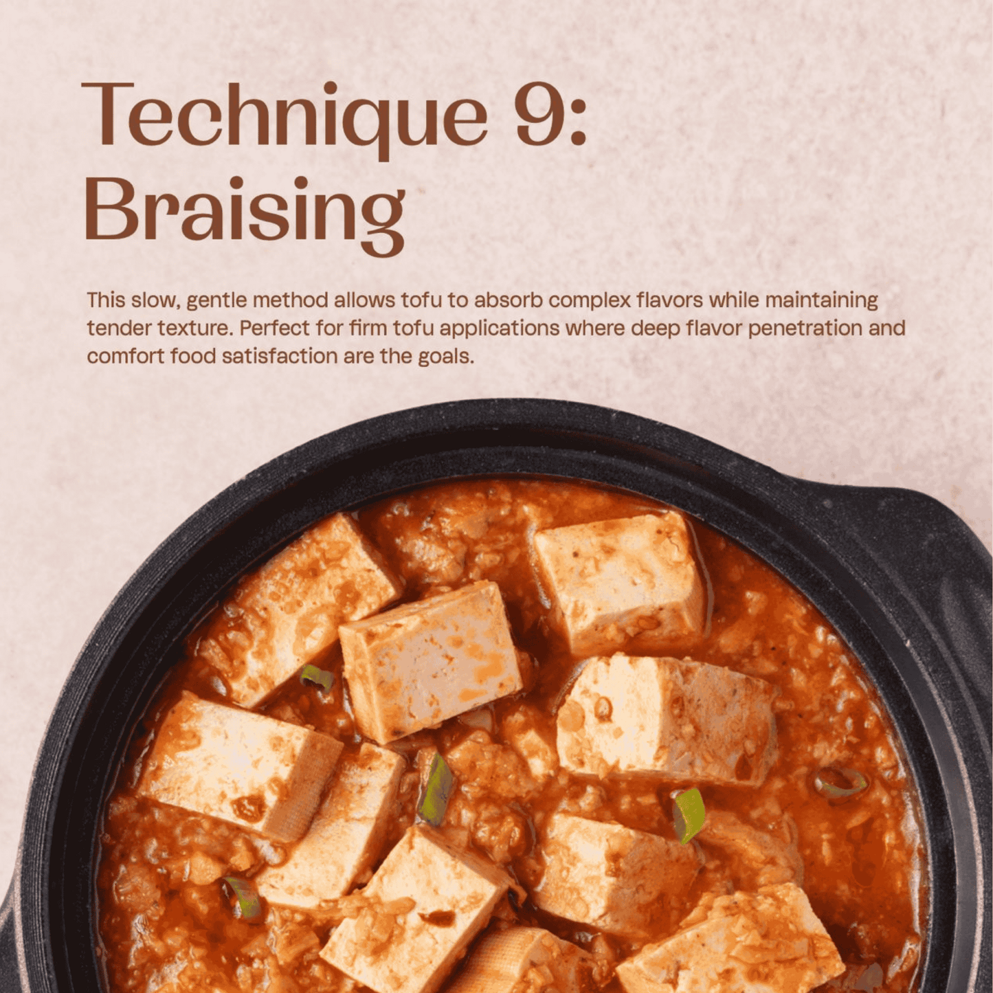 Braised tofu mapo tofu in a pot with text about braising technique on a beige background