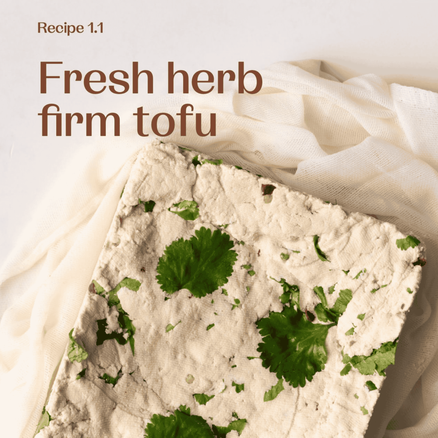 Firm tofu with fresh herbs on a cheesecloth, labeled 'recipe Fresh herb firm tofu'.